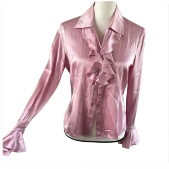 St. John silk pink crystal Ruffled Long Sleeve Blouse button up - Picture 7 of 16